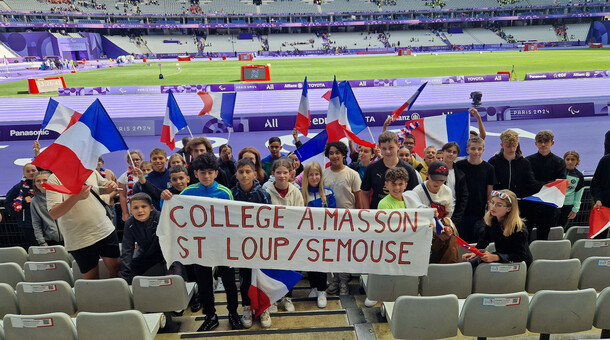   Vendredi 6 septembre : les élèves du collège André Masson à Saint-Loup-sur-Semouse ont assisté à des épreuves de para athlétisme au Stade de France. Découvrez l’article de Charlotte et Marie, Jeunes Reporters UNSS présentes ce jour-là : https://region-academique.eclat-bfc.fr/jeunes-reporters-unss-besancon/rendez-vous-aux-jeux-paralympiques--5808.htm?URL_BLOG_FILTRE=%231287